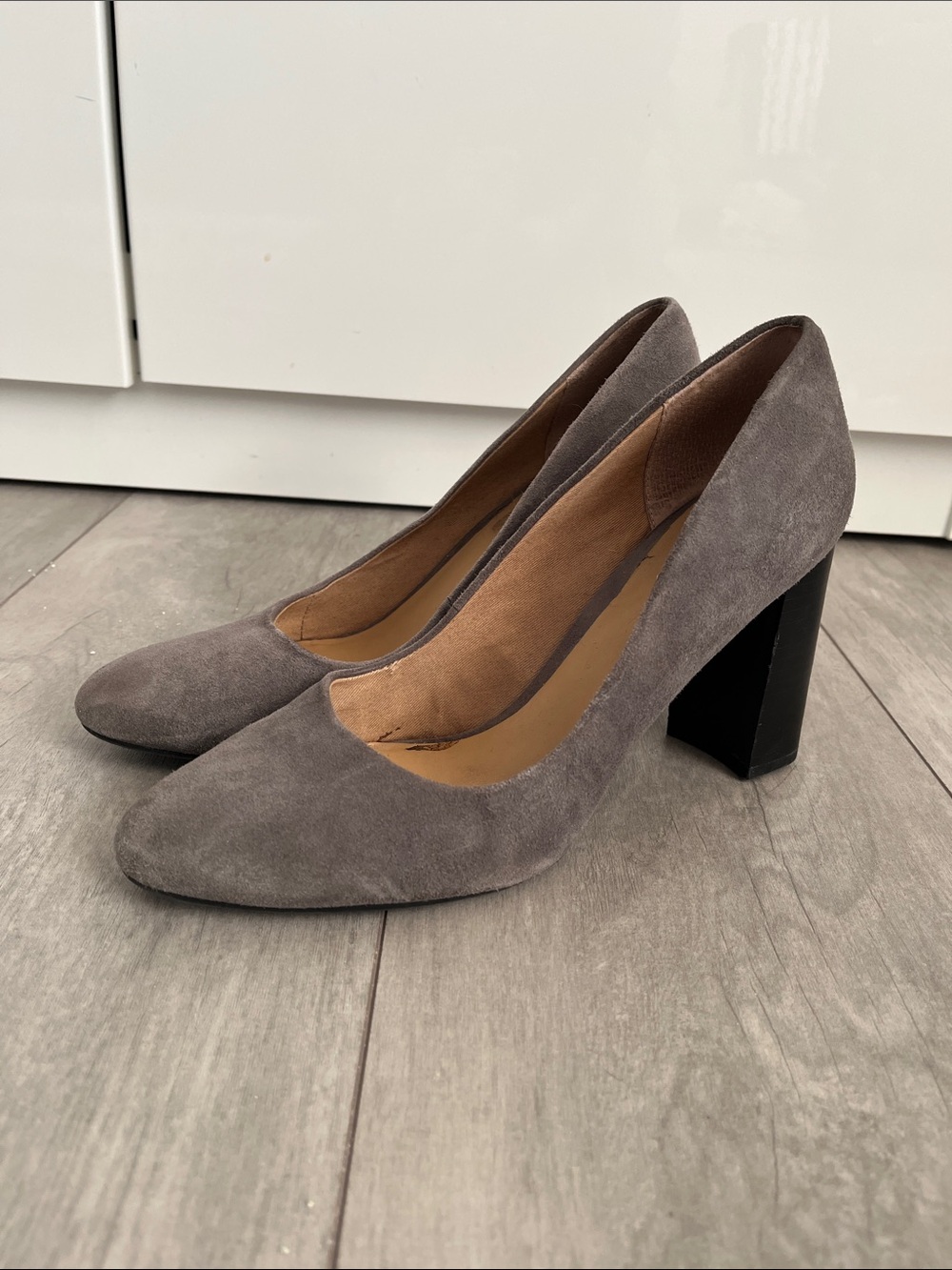 Franco Sarto Grey Suede Block Heel Pumps, Size 8
